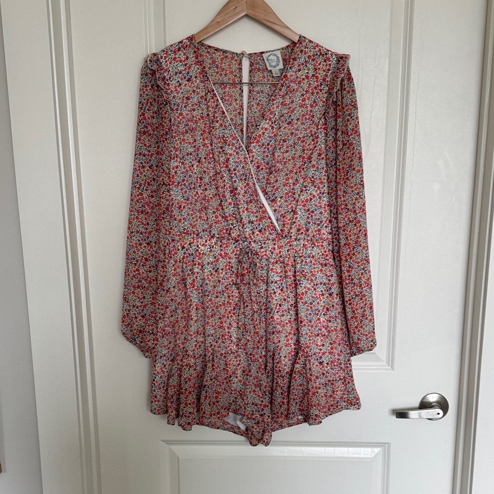Blue Rain Floral Romper in Cream with Red & Pink Print